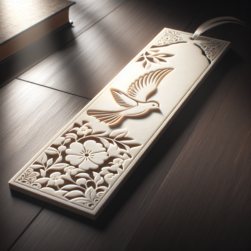 A realistic image of a memorial bookmark on a dark wooden table with a floral border and a dove illustration.