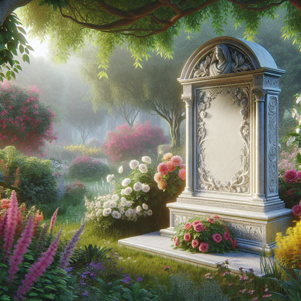 A serene memorial scene in a garden with a white marble epitaph surrounded by blooming flowers and lush greenery.