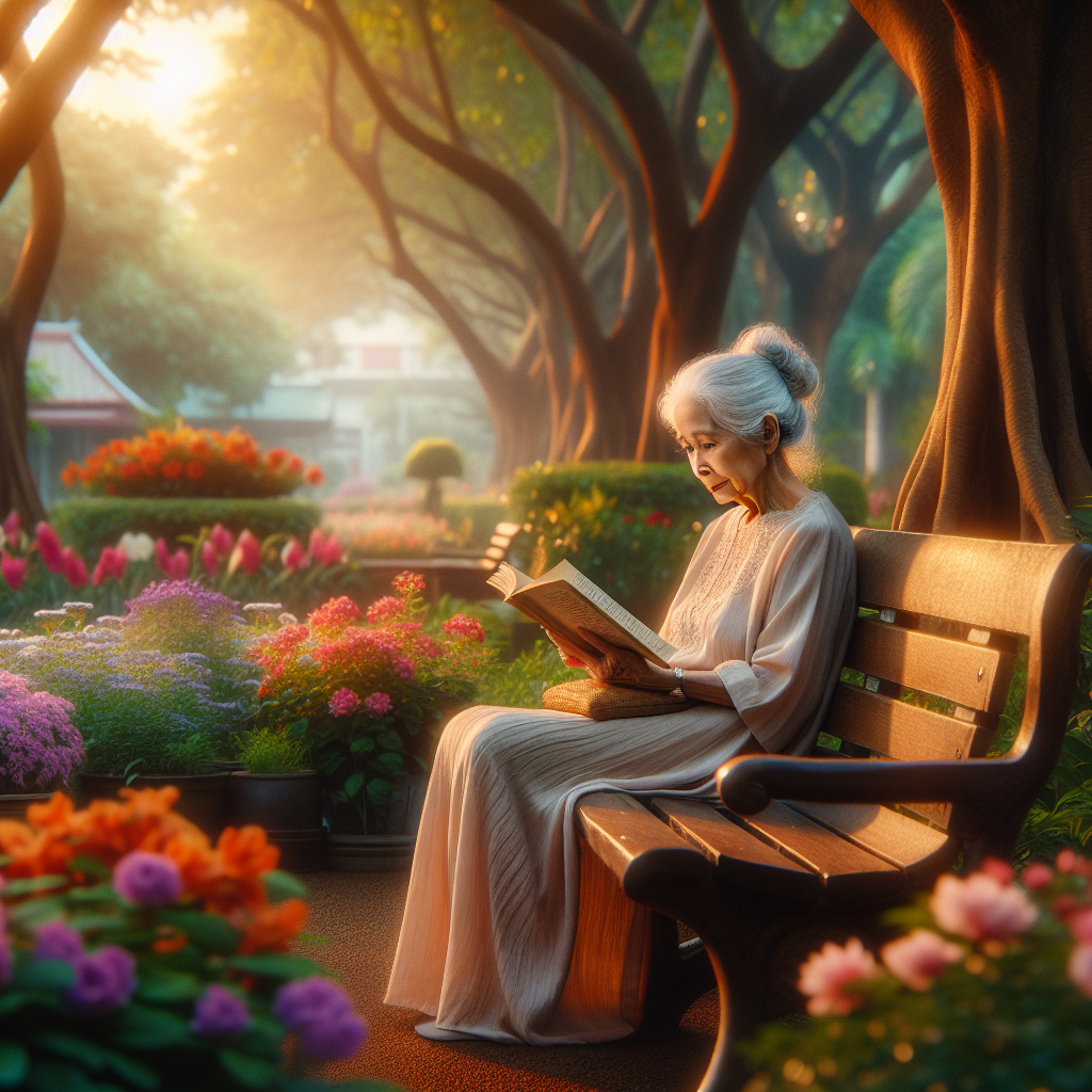 An elderly woman reading a poem on a park bench in a tranquil, natural setting.