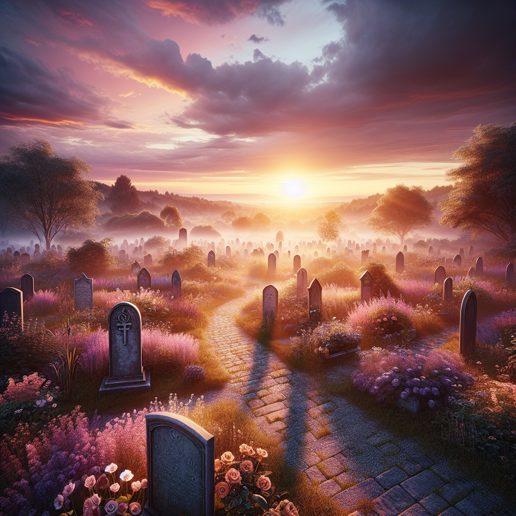 A serene cemetery at dusk with headstones and a garden in the background.