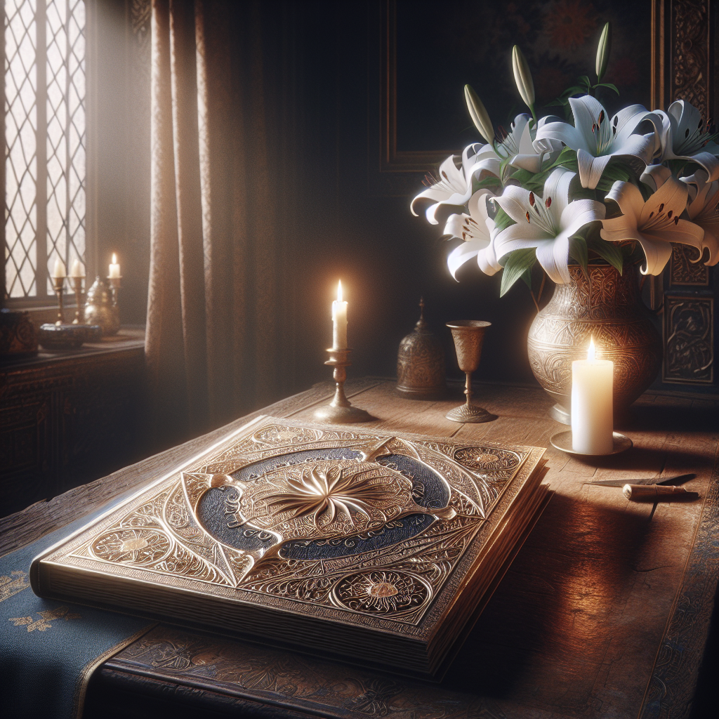 A serene scene with an open memorial poem book on a wooden table, a candle, and white lilies.