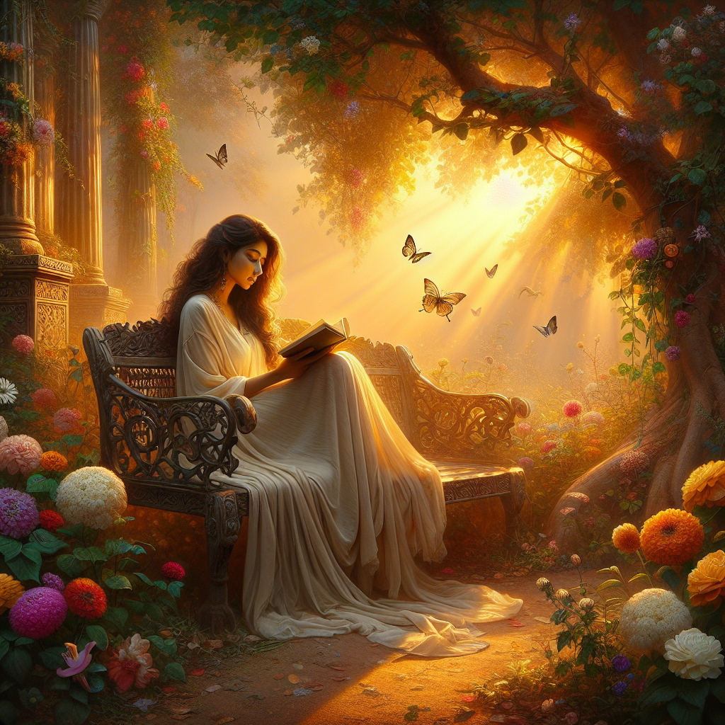 A serene garden scene with a woman reading on a bench, surrounding by flowers and butterflies in golden light.