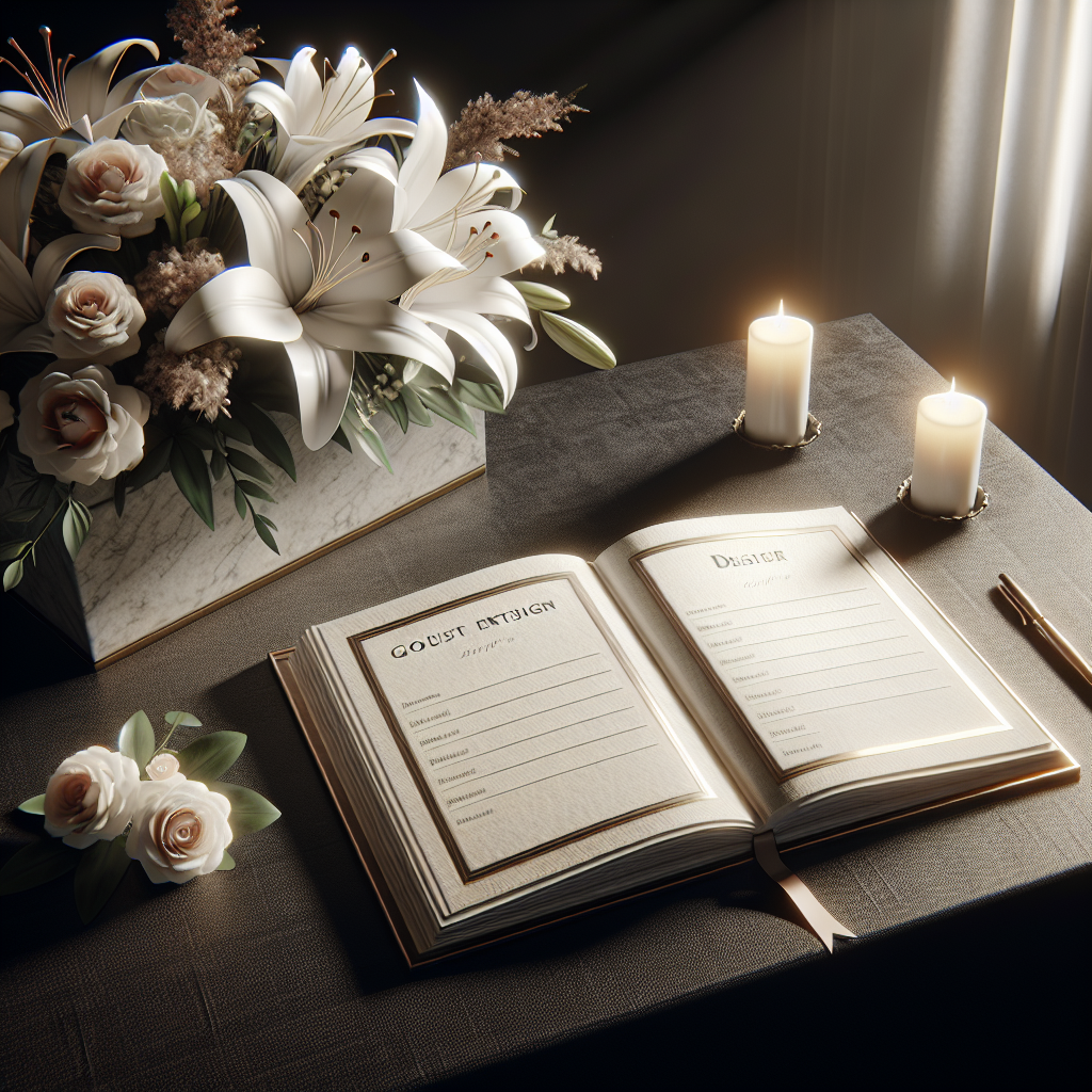 A funeral sign-in book on a table with flowers, creating a serene memorial service atmosphere.