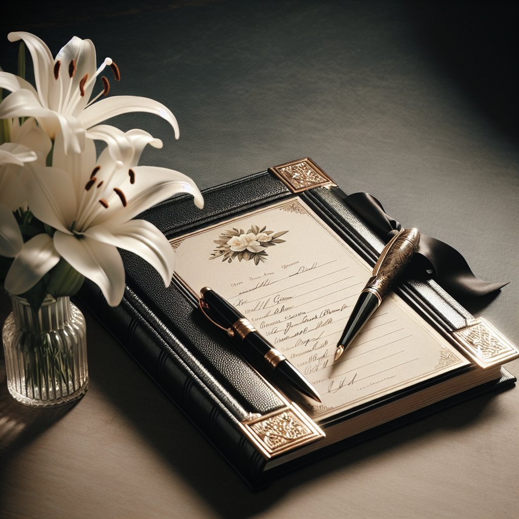 A realistic image of a funeral sign-in book with a black leather cover on a table, surrounded by a fountain pen and a vase with white lilies.