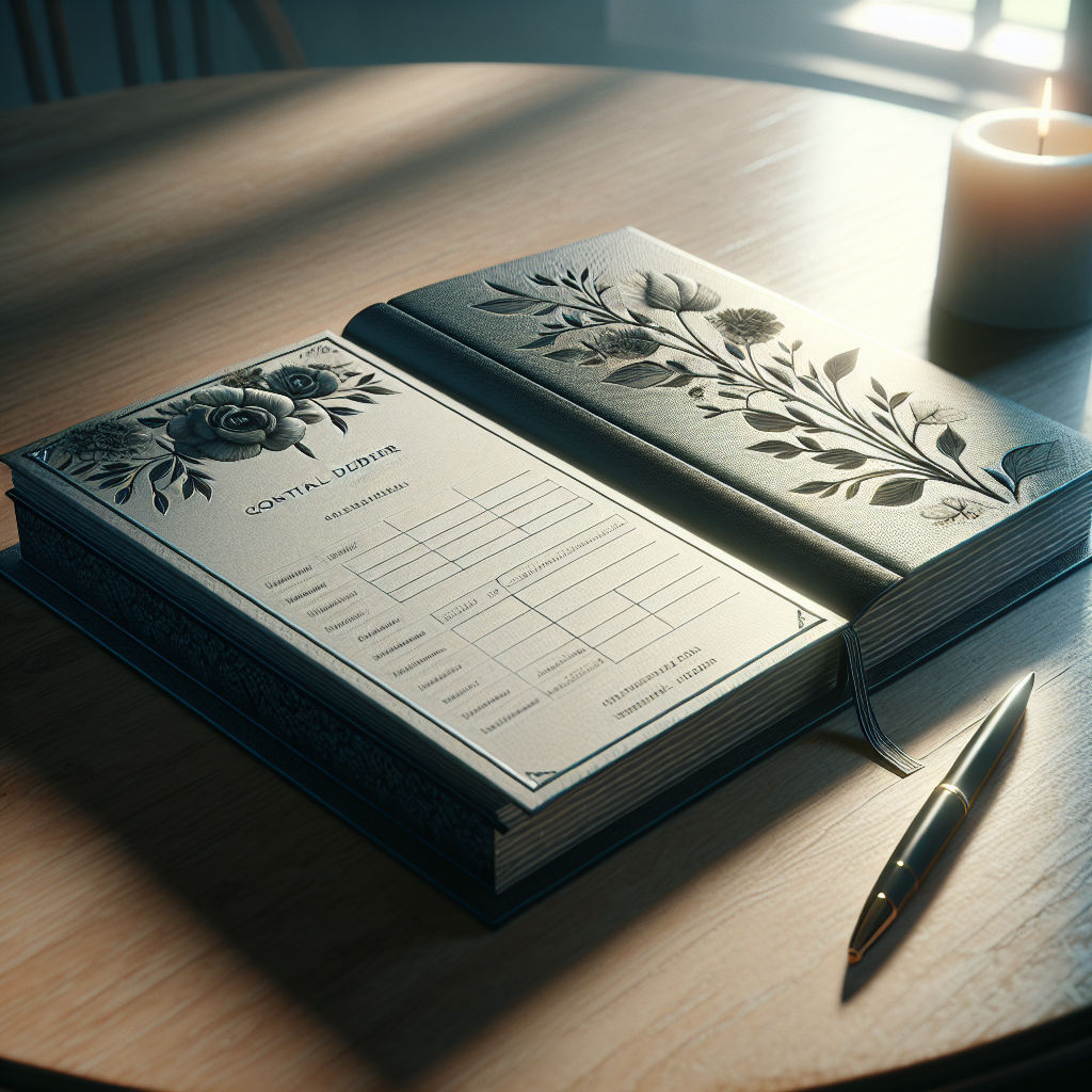 A realistic depiction of a funeral sign-in book on a wooden table with a pen beside it, evoking a serene and respectful mood.