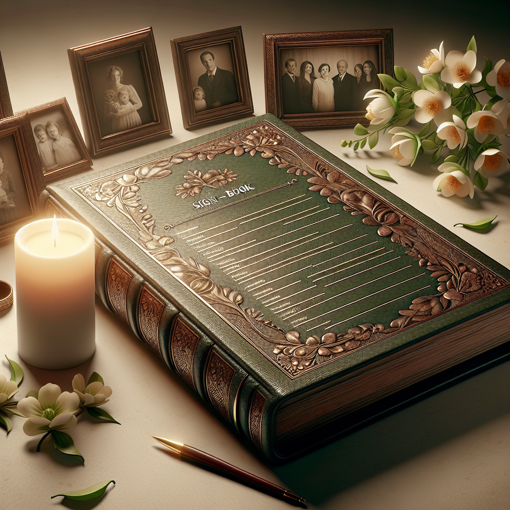 A realistic depiction of a funeral sign-in book on a table with family photos, flowers, and a candle.