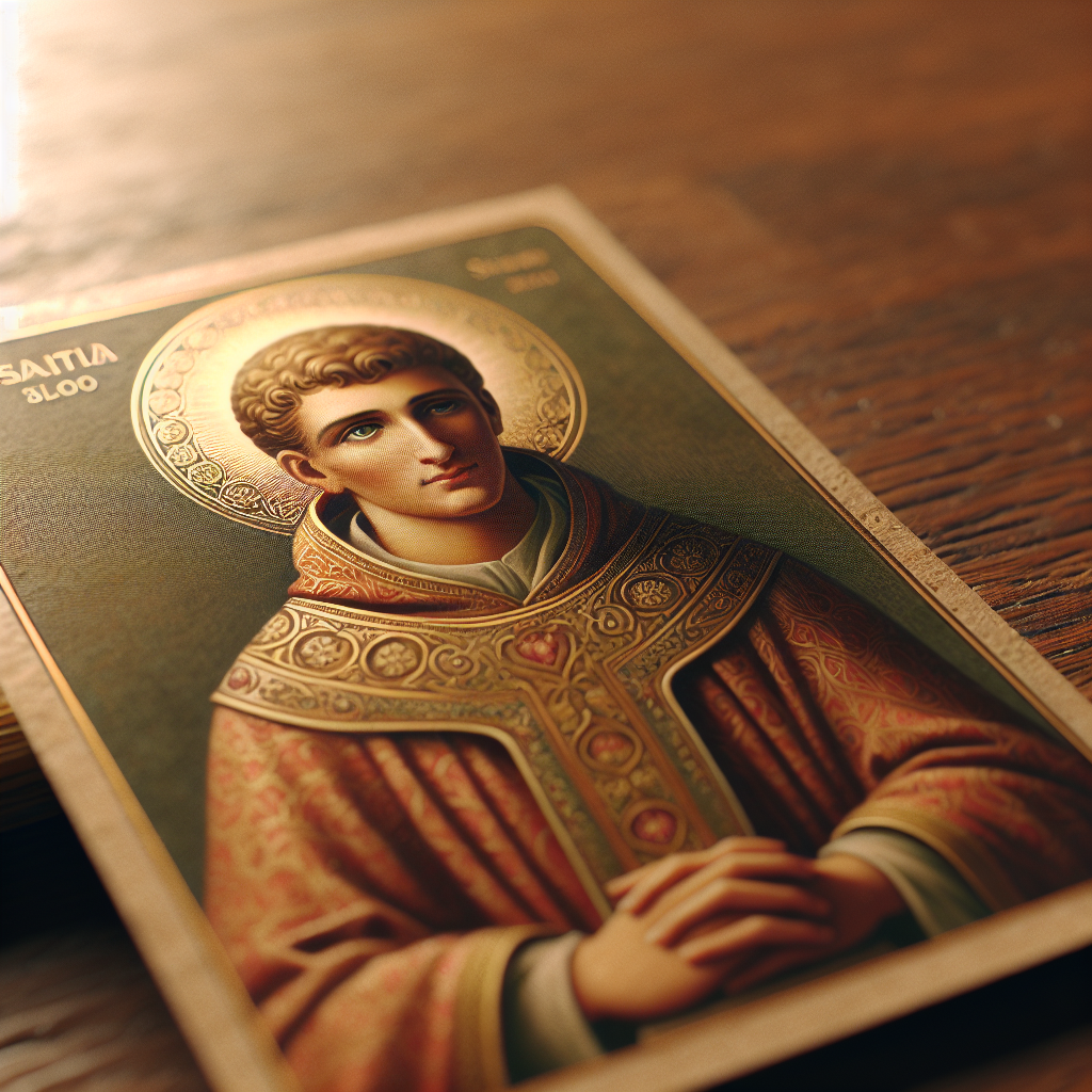 A realistic image of a saint prayer card lying on a wooden table, showcasing an intricately designed saint image in warm lighting.