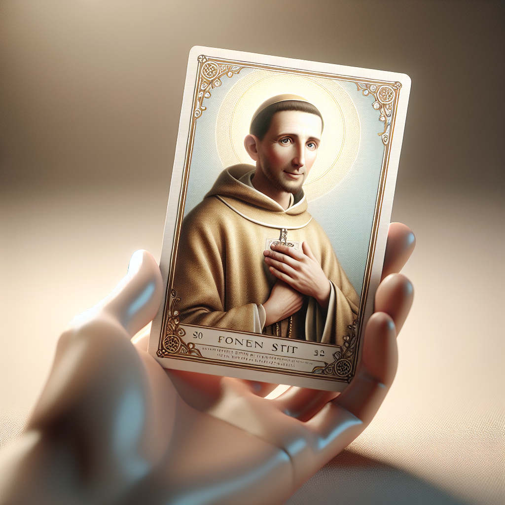 A realistic depiction of a saint prayer card with a serene image of a saint in traditional robes.