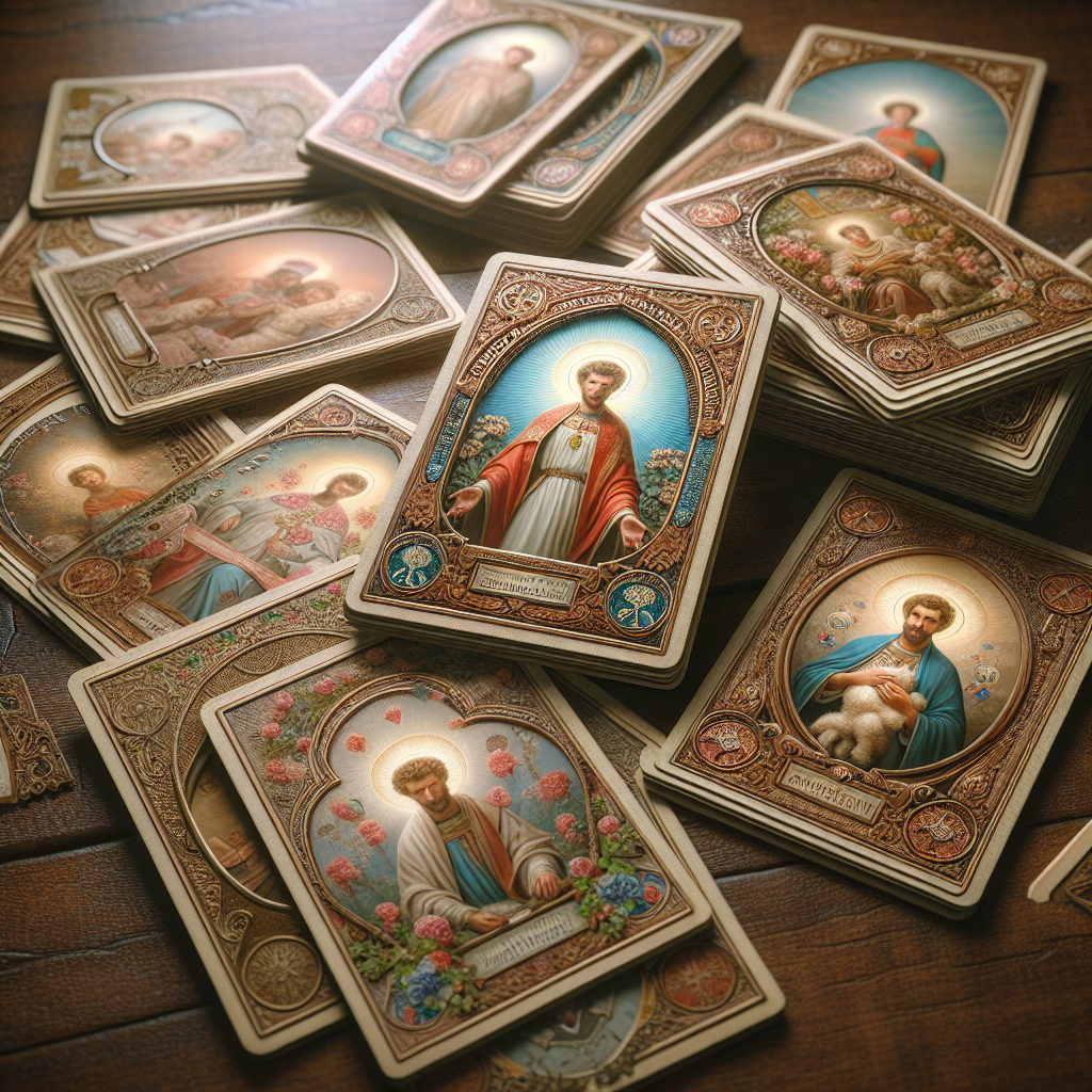 A stack of intricately designed saint prayer cards on a wooden table.