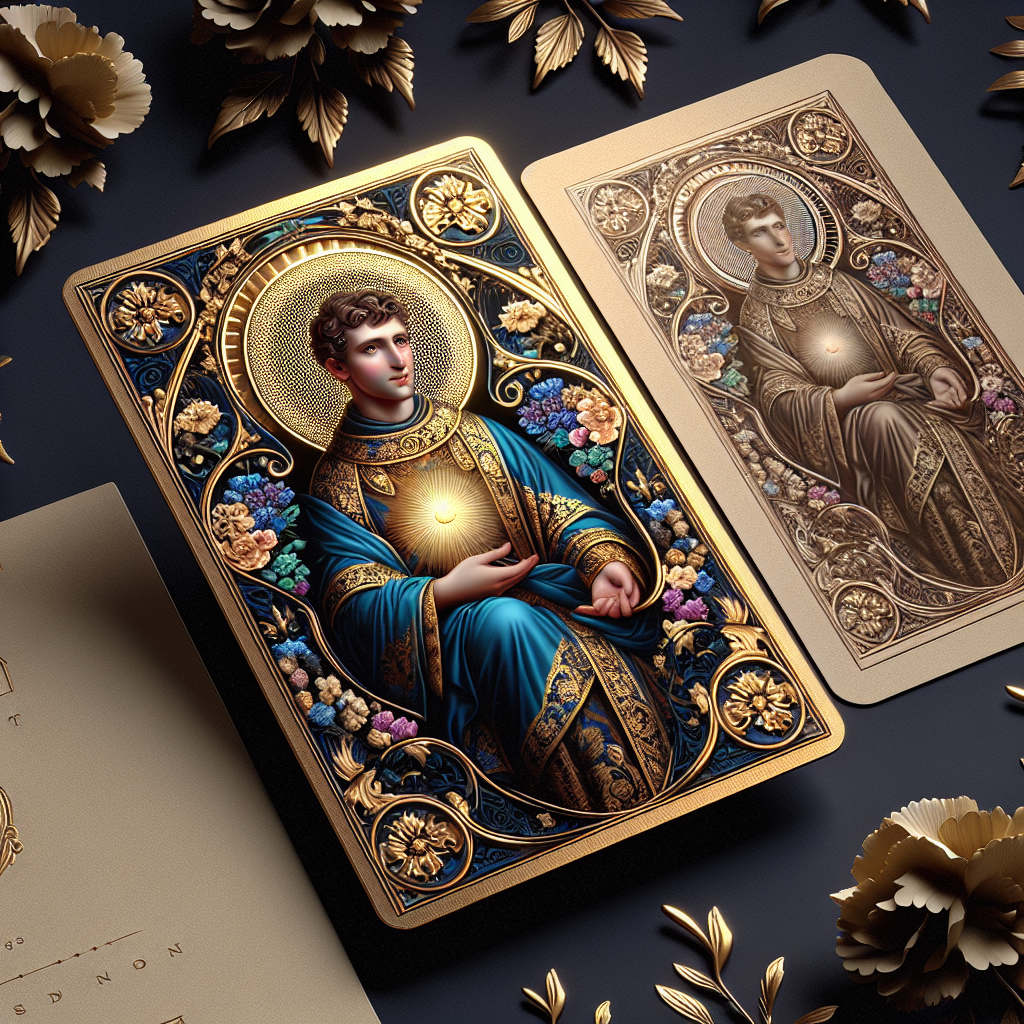 A realistic saint prayer card featuring a saint with rich, vibrant colors and ornate designs.