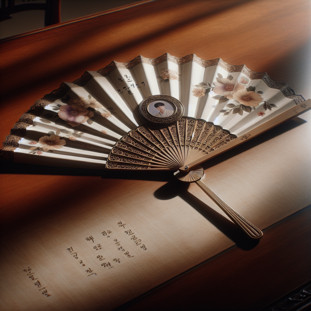 A detailed image of a funeral hand fan with a heartfelt message, photo, and floral patterns.