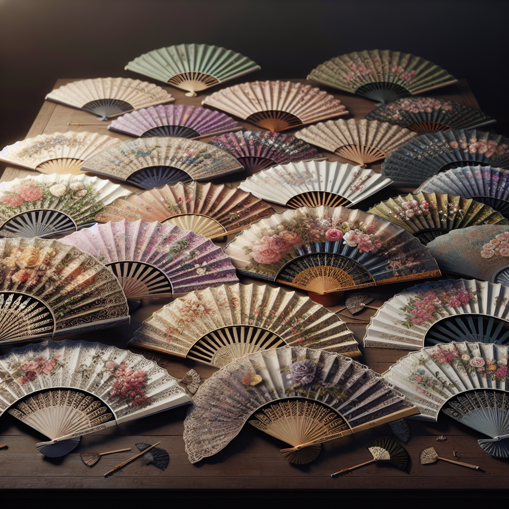 A collection of intricately designed funeral hand fans displayed on a wooden table, with floral patterns and religious symbols.