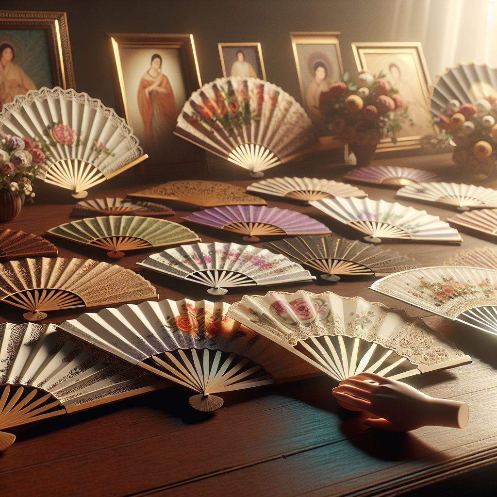 Realistic image of various funeral hand fans with intricate designs displayed on a wooden table.