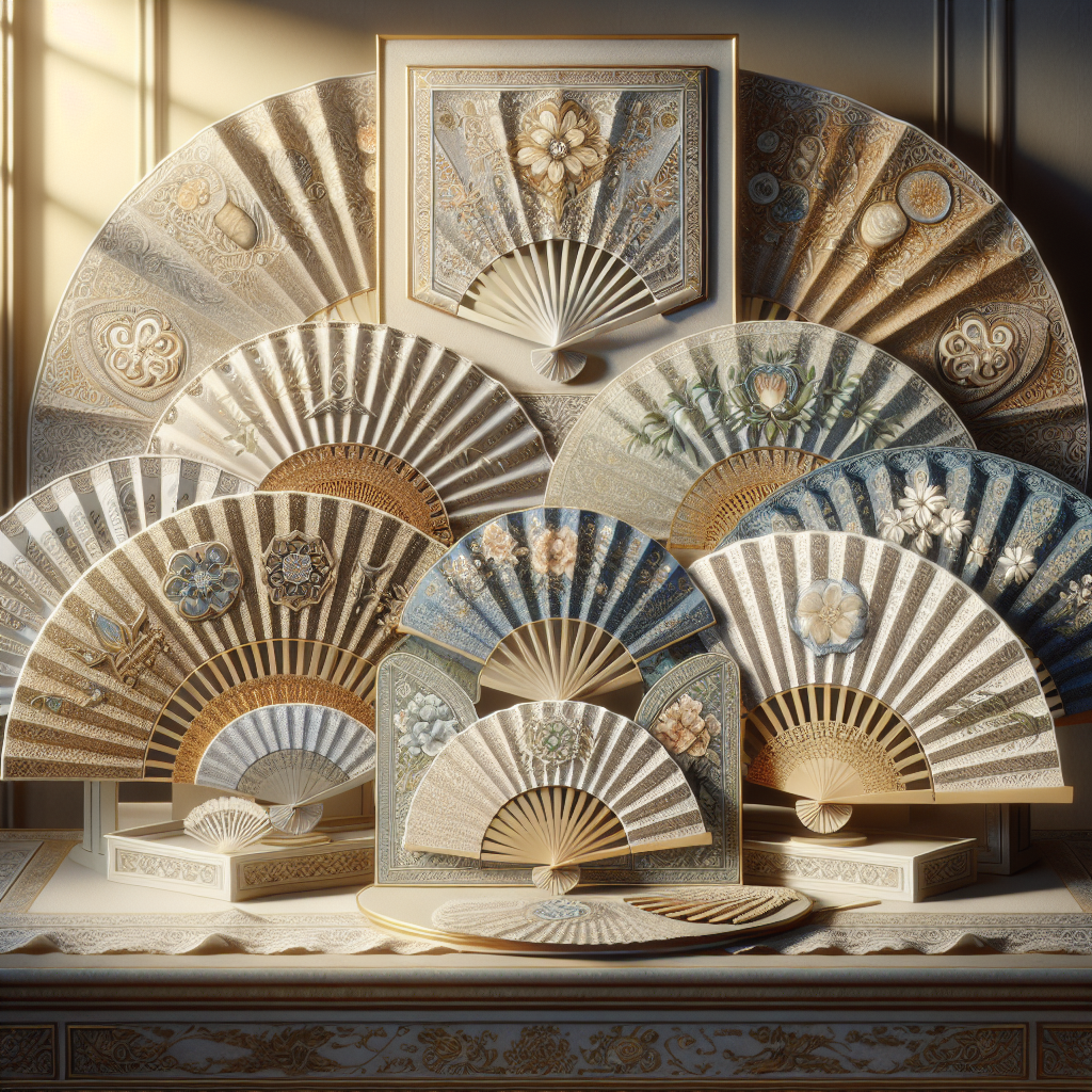 Ornate funeral hand fans on an elegant table with delicate patterns and traditional symbols.