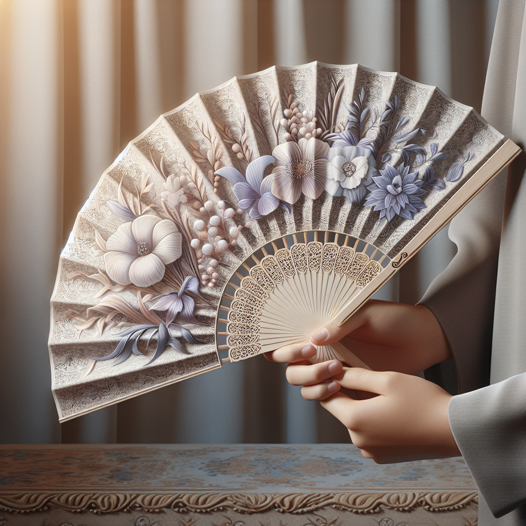 A beautifully crafted funeral hand fan held by refined hands at a memorial service.