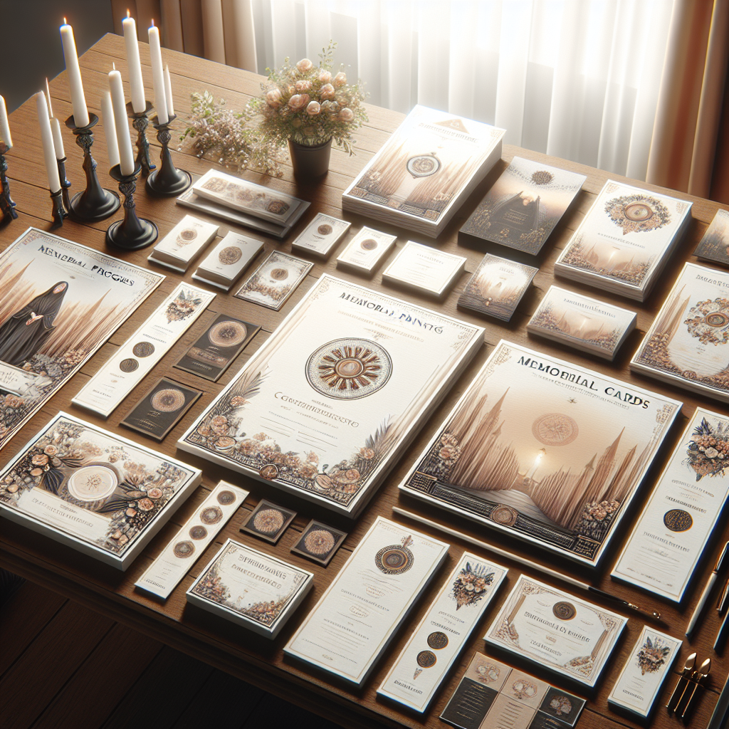 Various funeral printing products like programs, cards, bookmarks, and posters arranged on a wooden table.