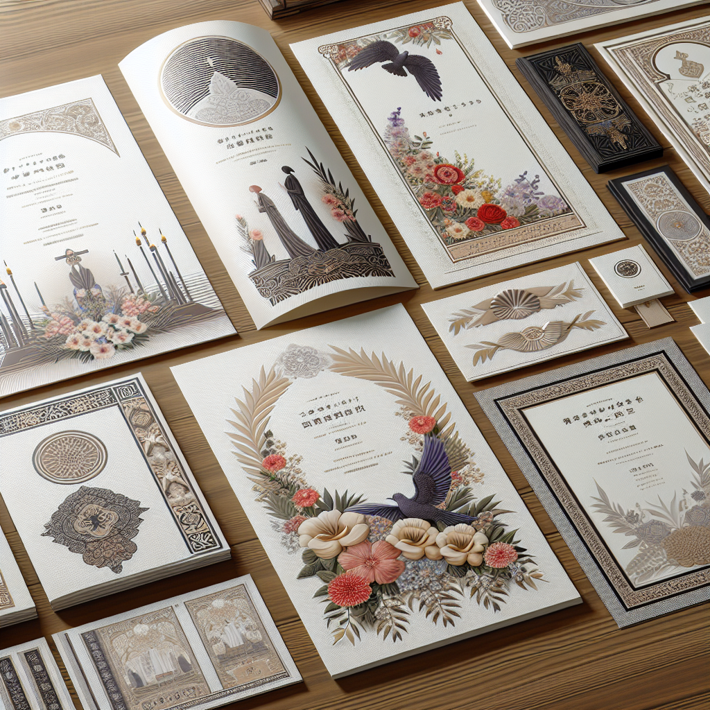 A realistic display of funeral printing materials arranged on a wooden table, including programs, cards, bookmarks, and posters, all with respectful designs and soft colors, no visible text.