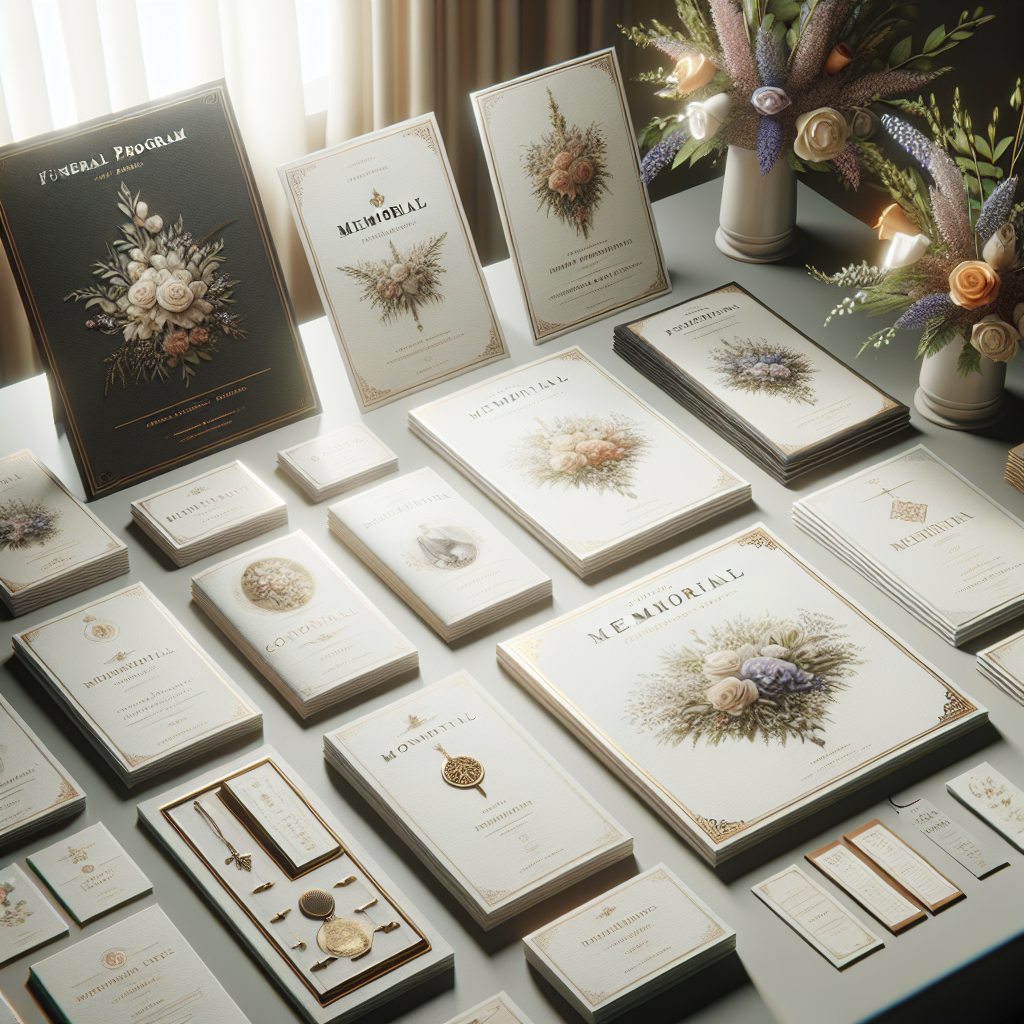 A detailed display of funeral printed materials including programs, cards, bookmarks, and posters in a realistic setting.