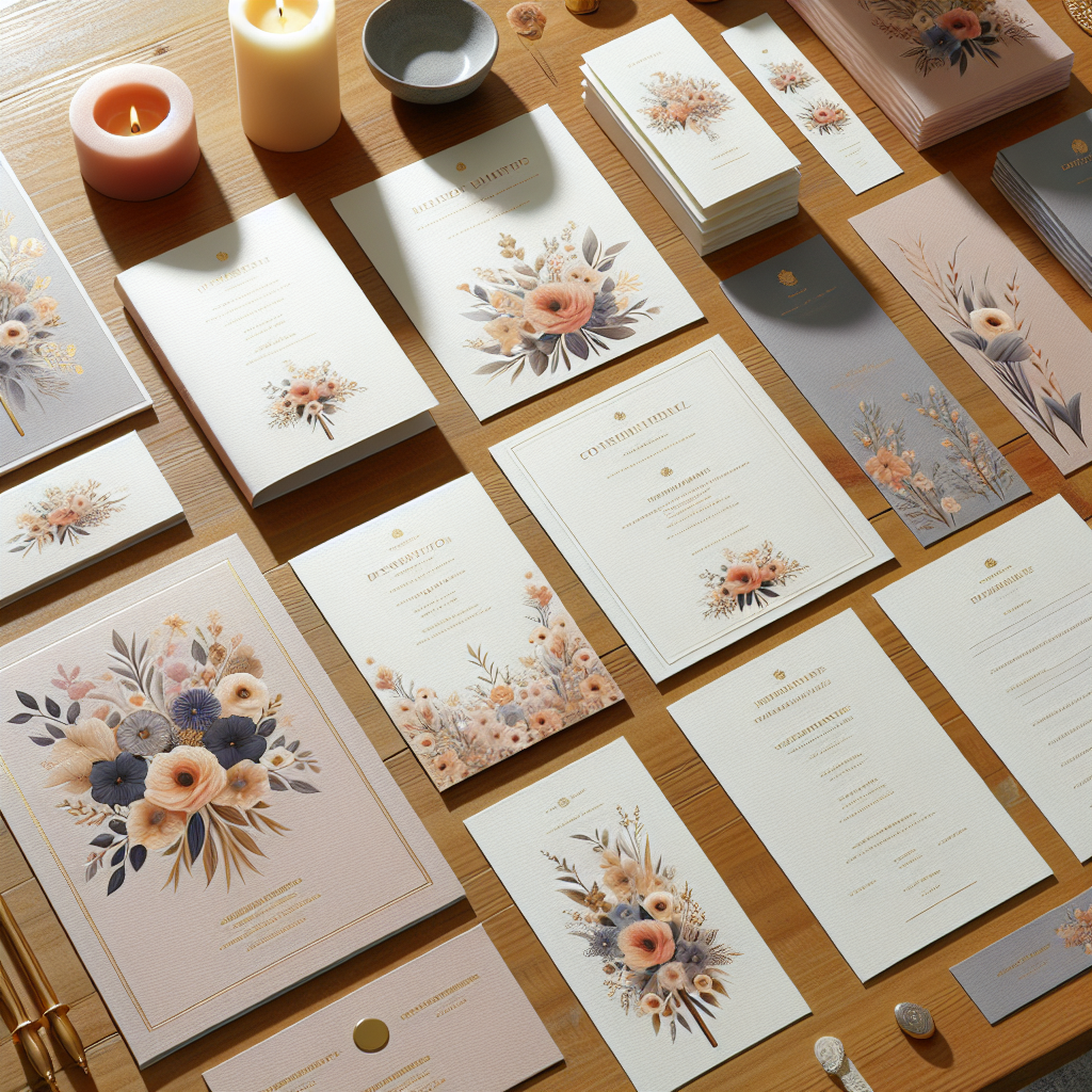 A realistic depiction of various funeral printing materials such as memorial cards, funeral programs, bookmarks, and posters arranged neatly on a wooden table.