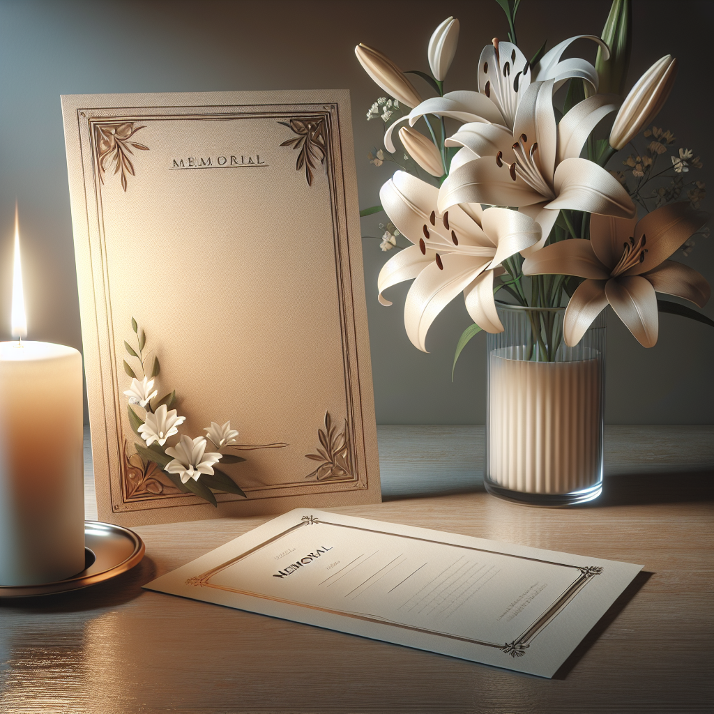 A realistic depiction of a funeral program and memorial card on a wooden table with a candle and white lilies.