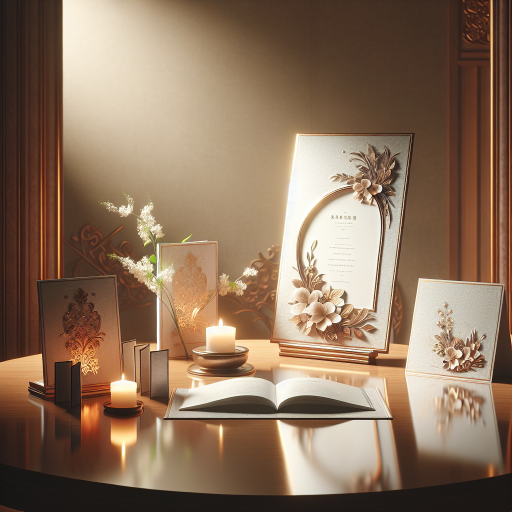 A realistic memorial printing setup with a funeral program, memorial card, and bookmarks on a wooden table.