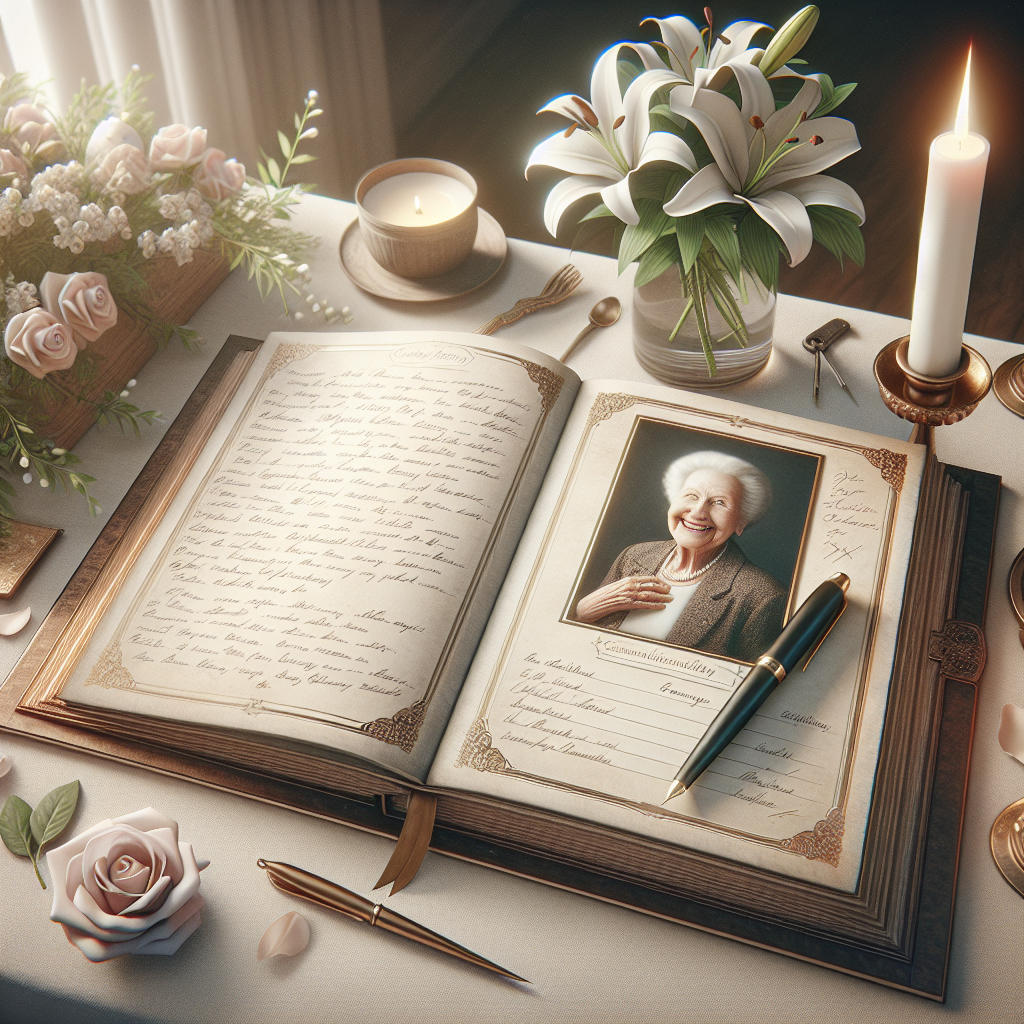 A funeral guest book with handwritten messages, a photo, a fountain pen, and flowers on a wooden table.