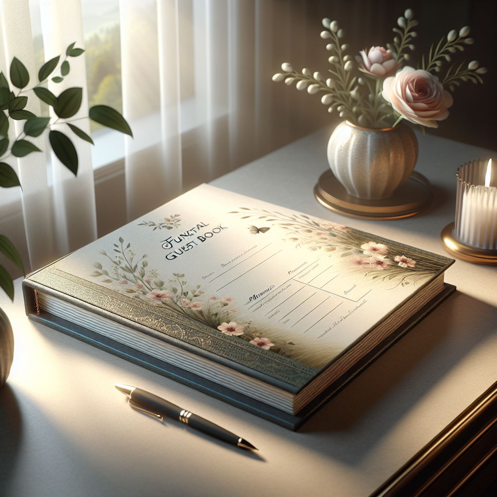 A funeral guest book on a table with flowers, a pen, and a candle.