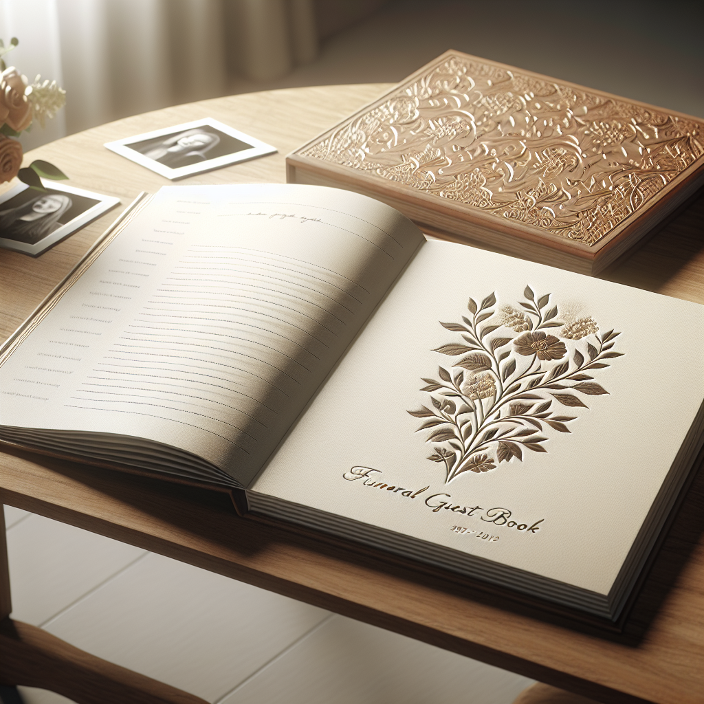 A realistic image of an open funeral guest book with messages and photographs on a wooden table.