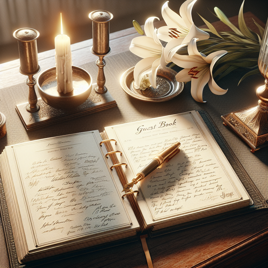 A funeral guest book on a wooden table with a pen, flowers, and a lit candle.