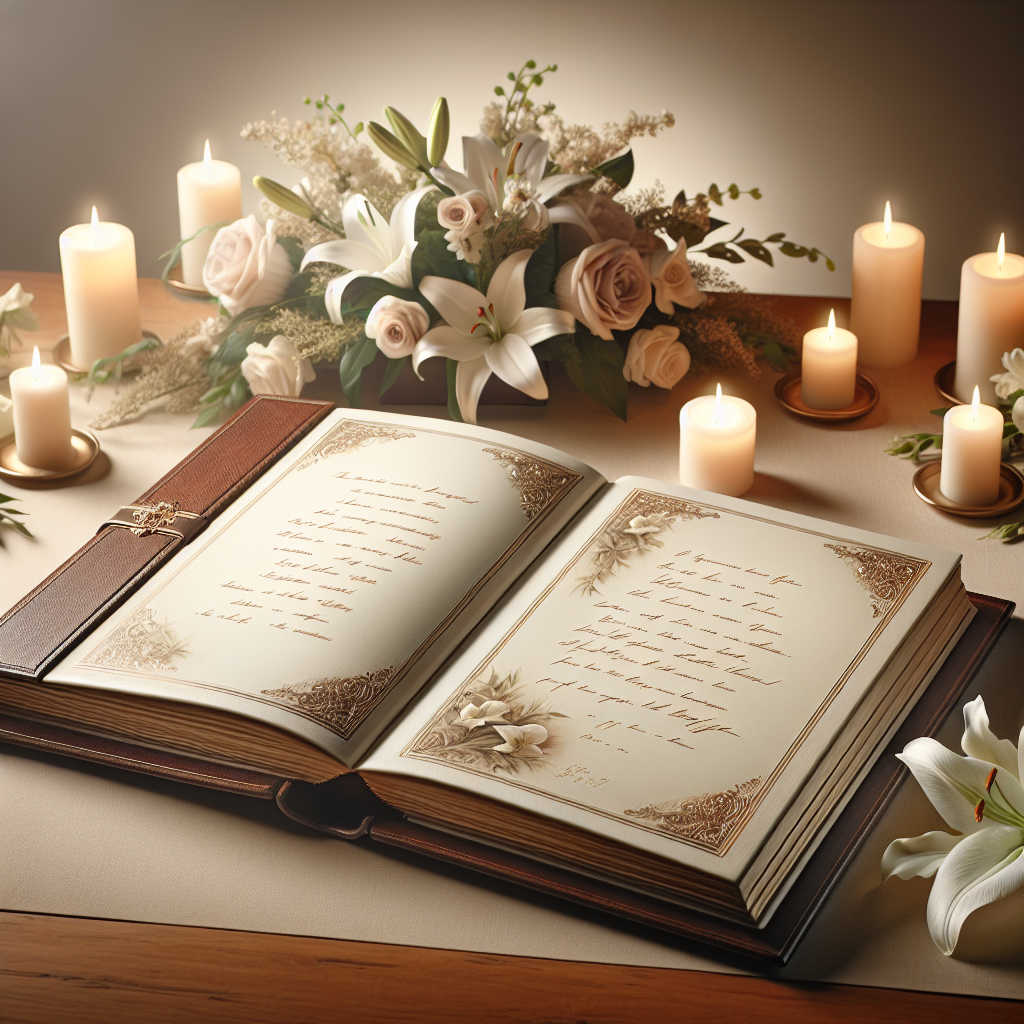 An open leather-bound funeral guest book with handwritten messages, surrounded by candlelight and flowers on a wooden table.