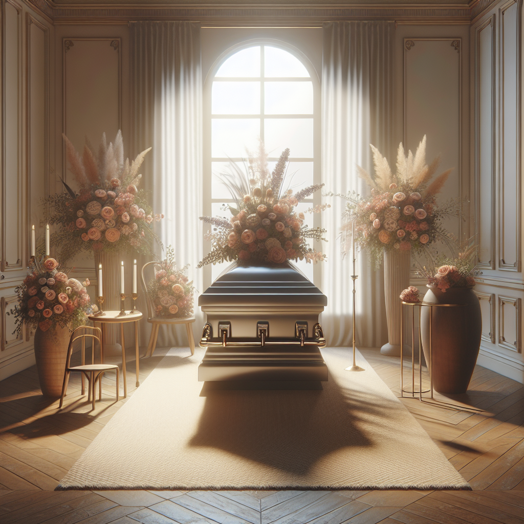 A realistic depiction of a dignified funeral setting with a floral display and a casket or urn, embodying comfort and respect.