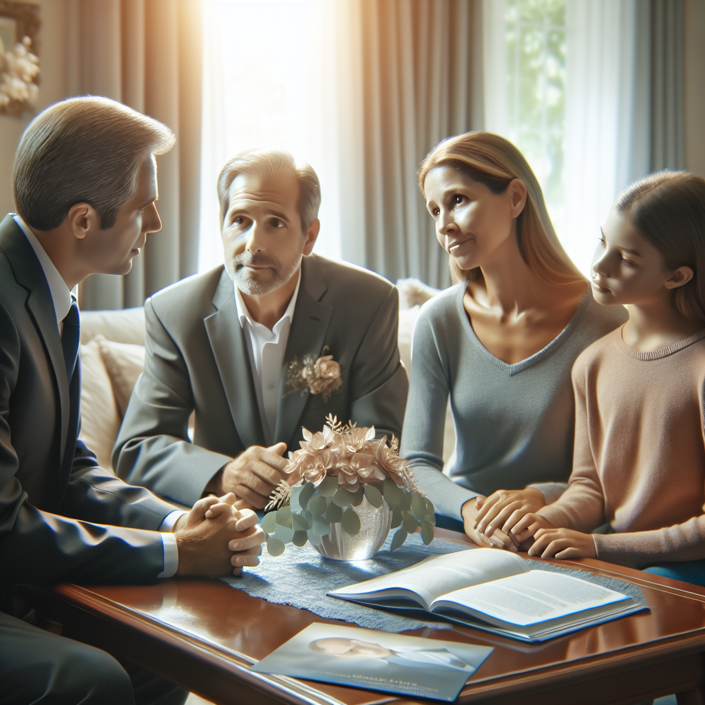 A funeral director speaks with a family about funeral planning in a well-decorated, naturally lit room.