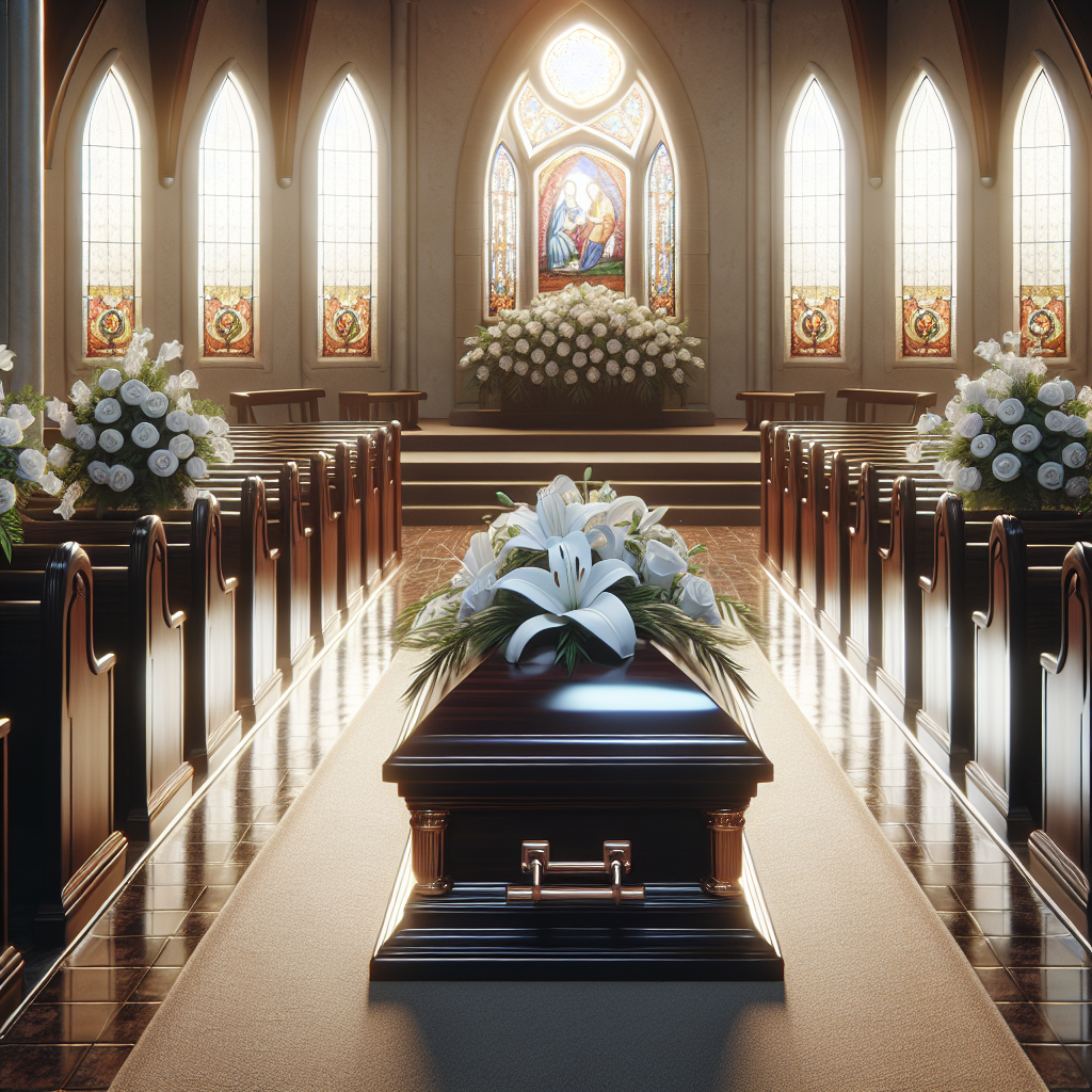 A realistic image of a traditional funeral setting with a wooden casket adorned with white flowers inside a chapel with stained glass windows.