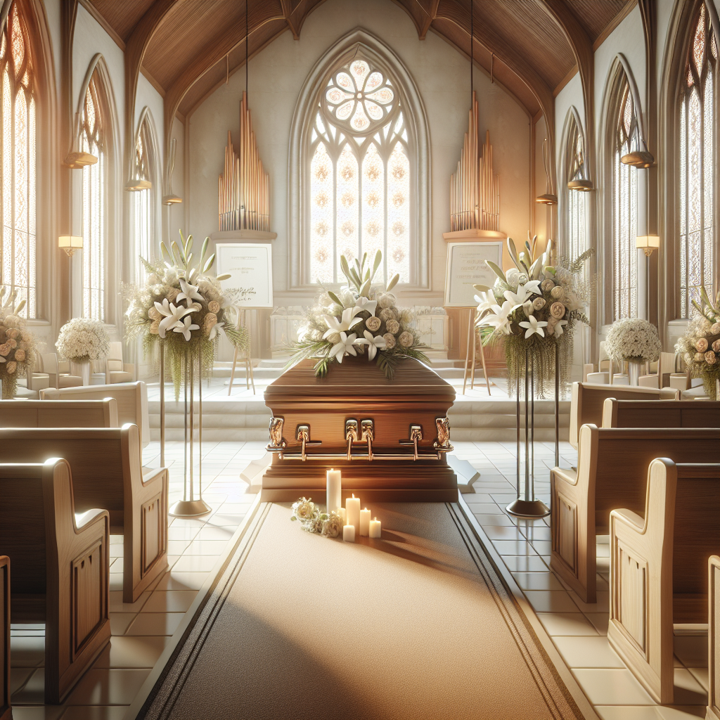 A serene and respectful funeral service setting with a wooden casket, white lilies, and warm lighting.