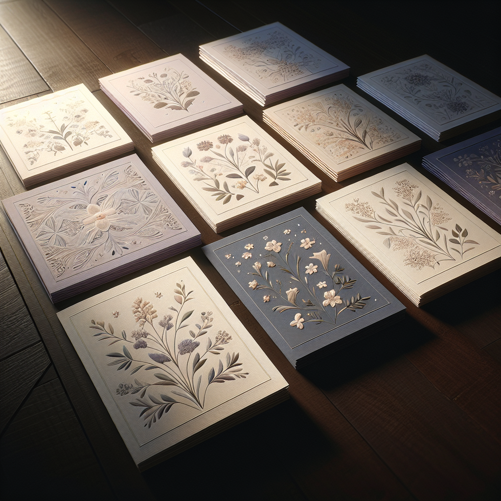 A set of elegantly designed funeral thank you cards on a dark wooden table, with a comforting, serene ambiance.