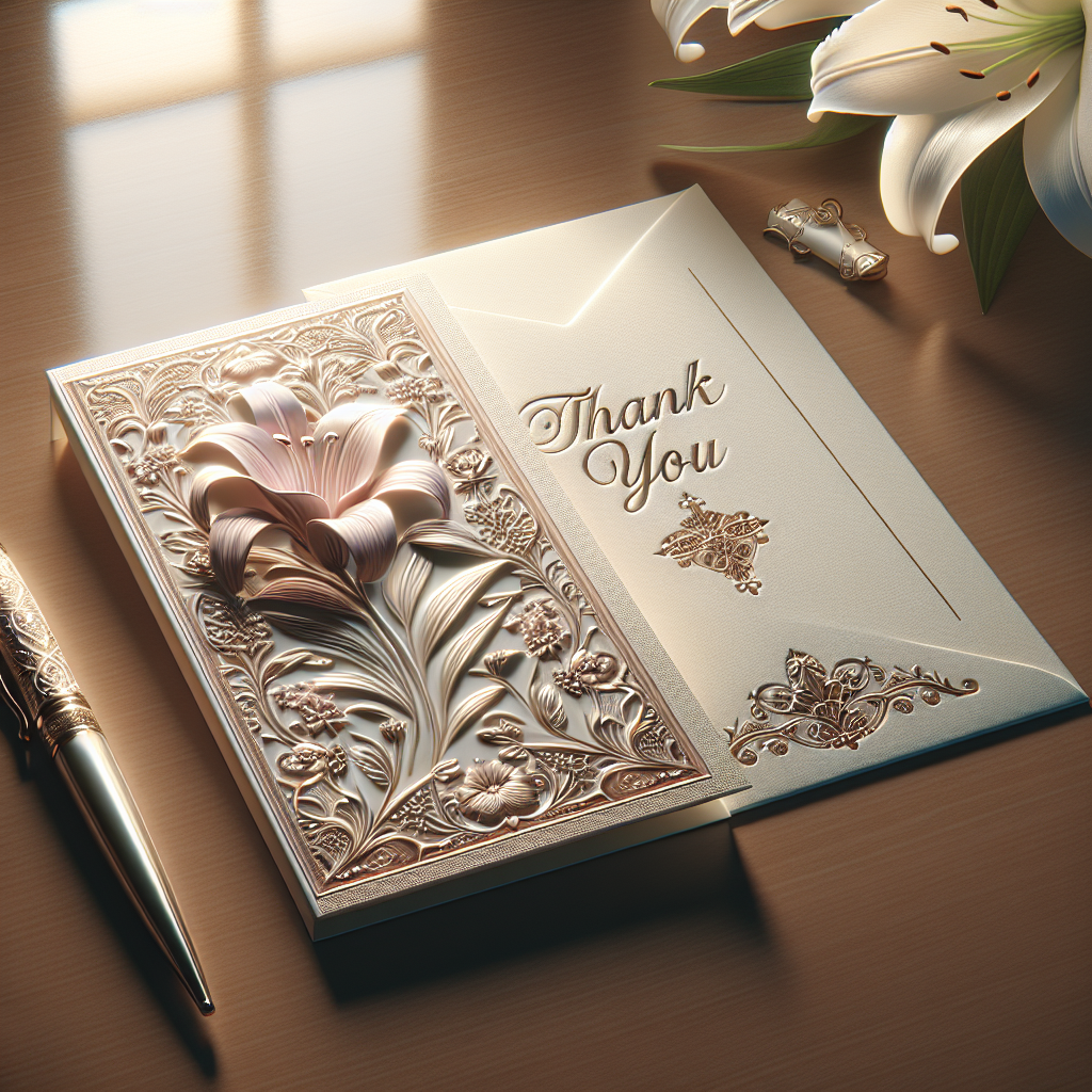 Elegantly designed funeral thank you card on a wooden table with floral patterns, a pen, an envelope, and white lilies.