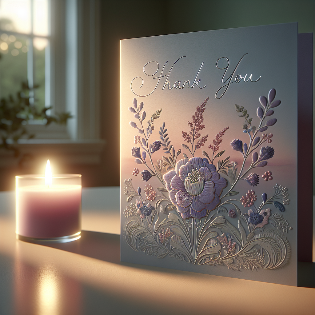 A beautifully designed funeral thank you card with delicate floral patterns on a table, accompanied by a comforting candlelight.