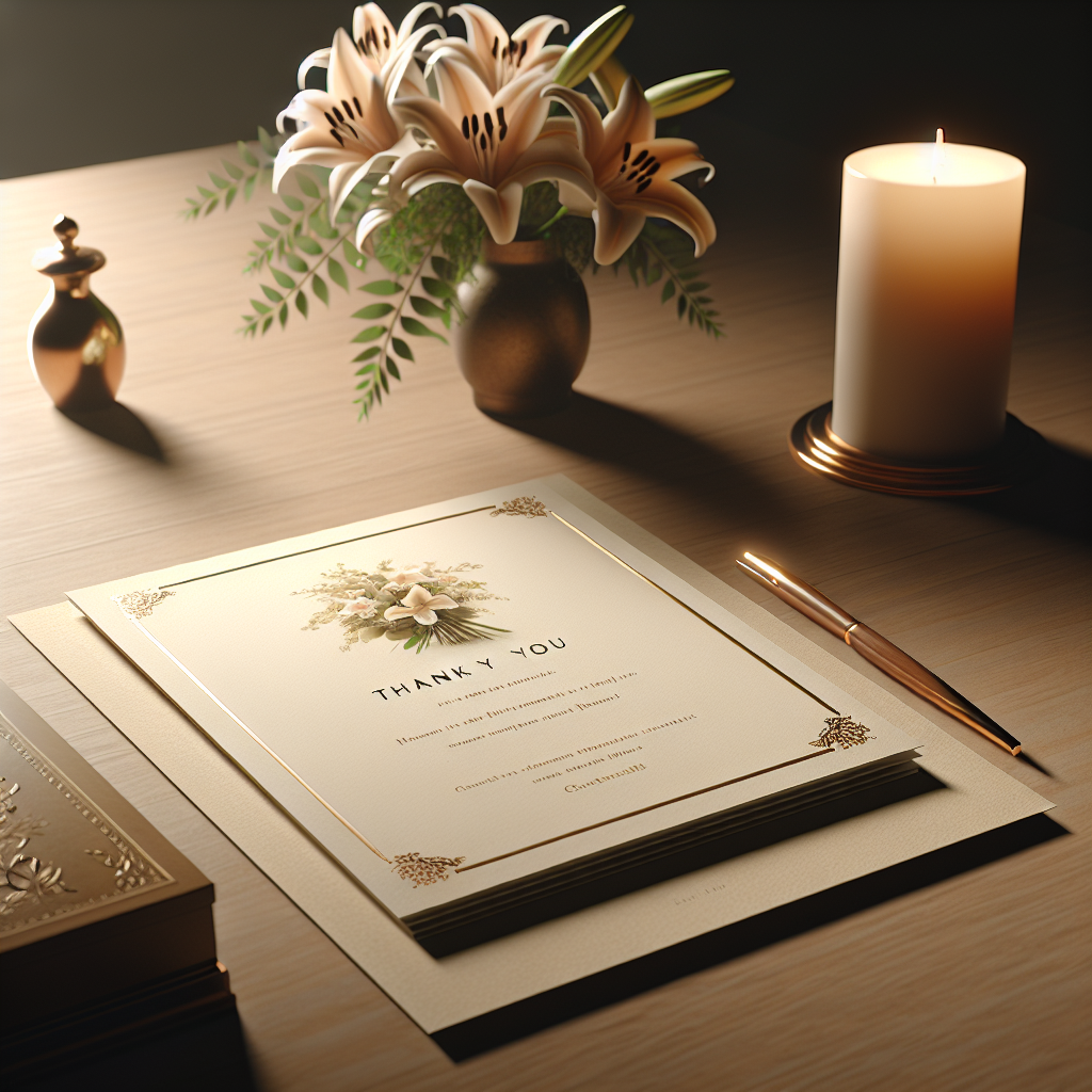 A beautifully designed funeral thank you card on a wooden table with a vase of white lilies and a burning candle.