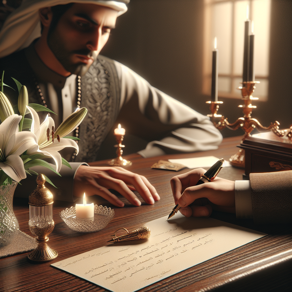 A person writing a funeral thank you card at a wooden desk, with white lilies and a lit candle adding to the solemn mood.