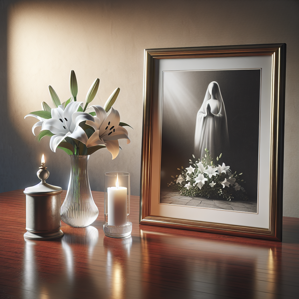 Memorial table with a framed photograph, lit candle, and lilies.