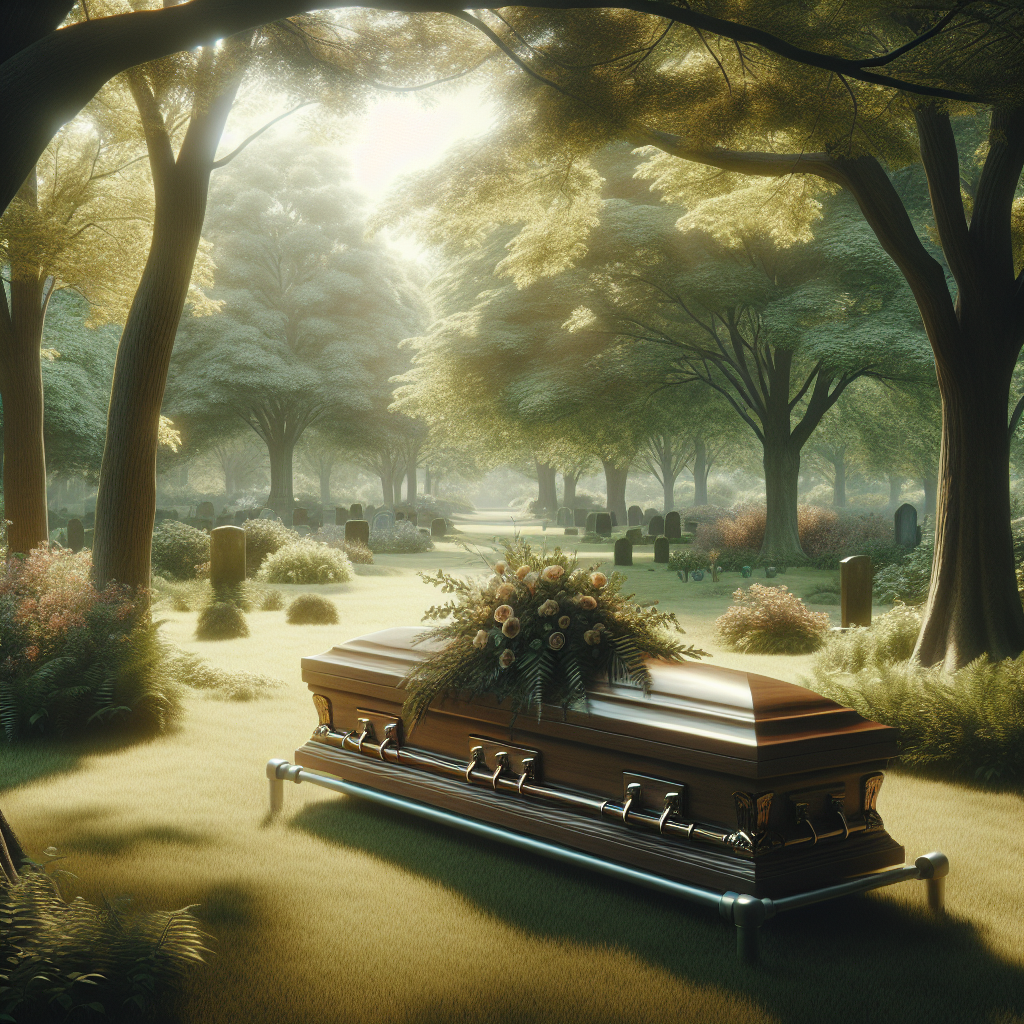 A serene and respectful funeral scene with a wooden coffin and flower arrangement in a tranquil cemetery.