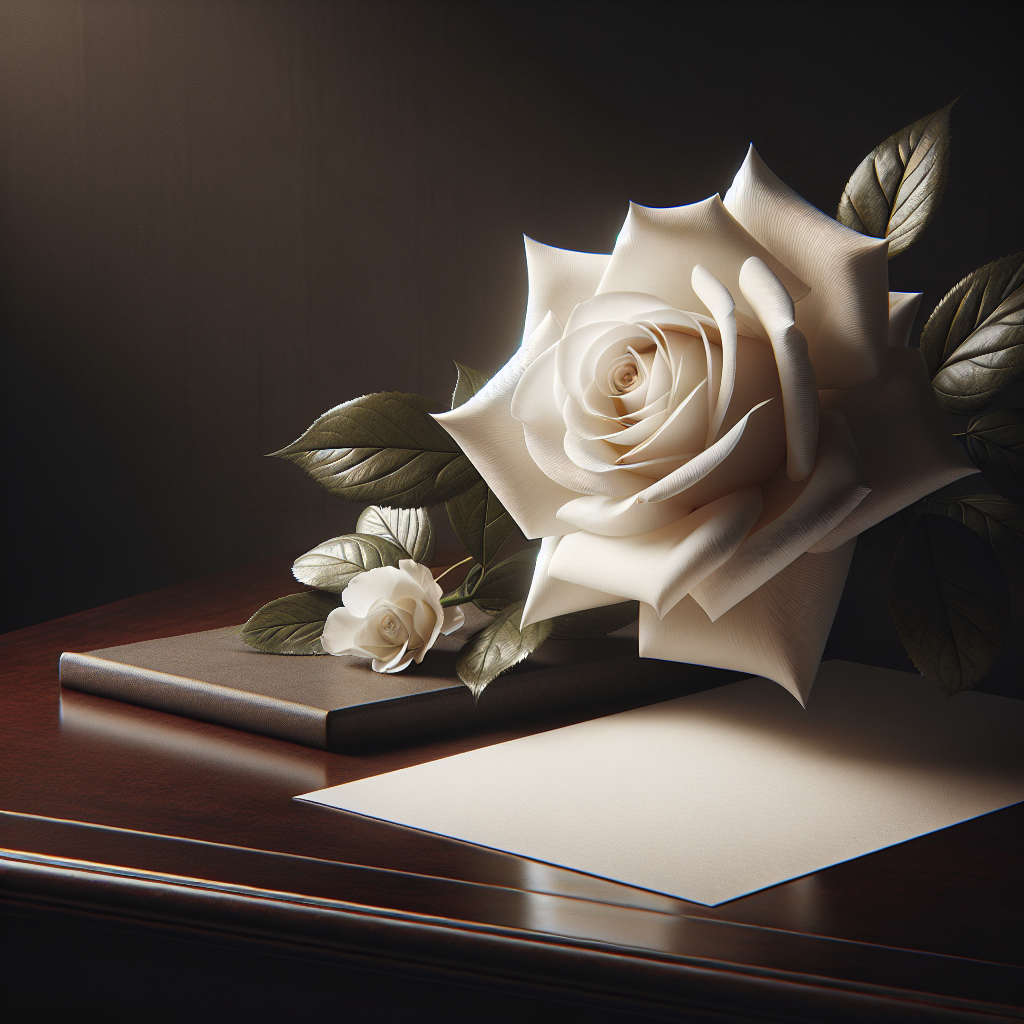 A peaceful, respectful scene with a white rose and a folded piece of paper on a dark wooden table.