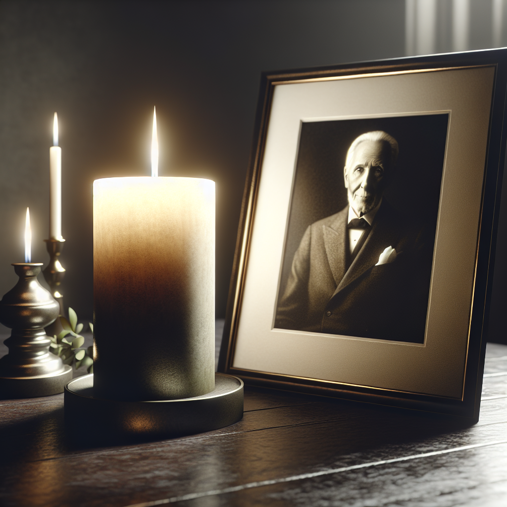 A serene setting with a candle and a framed portrait, conveying respect and remembrance for a deceased individual.