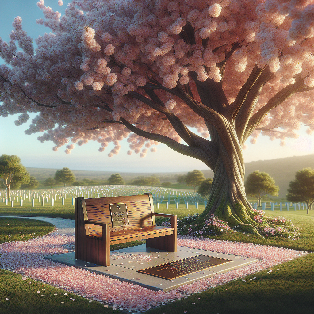 A serene memorial scene in a park with a bench under a cherry blossom tree.