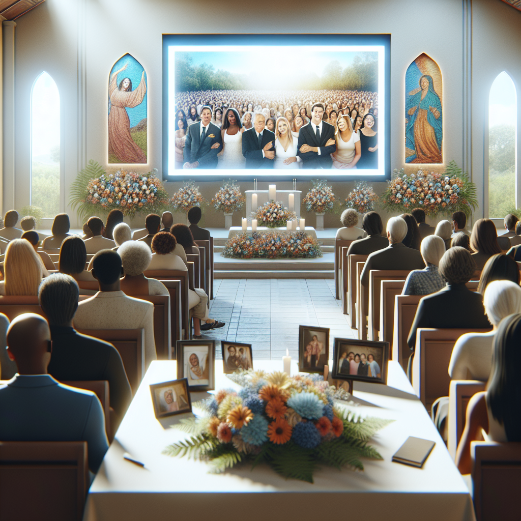 A realistic scene of a funeral slideshow being played at a memorial service with emotional attendees in the background.