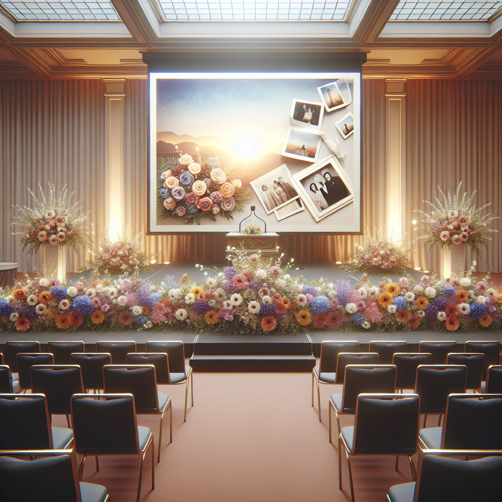 A realistic setup of a funeral slideshow presentation scene with a large screen, warm lighting, and flowers.