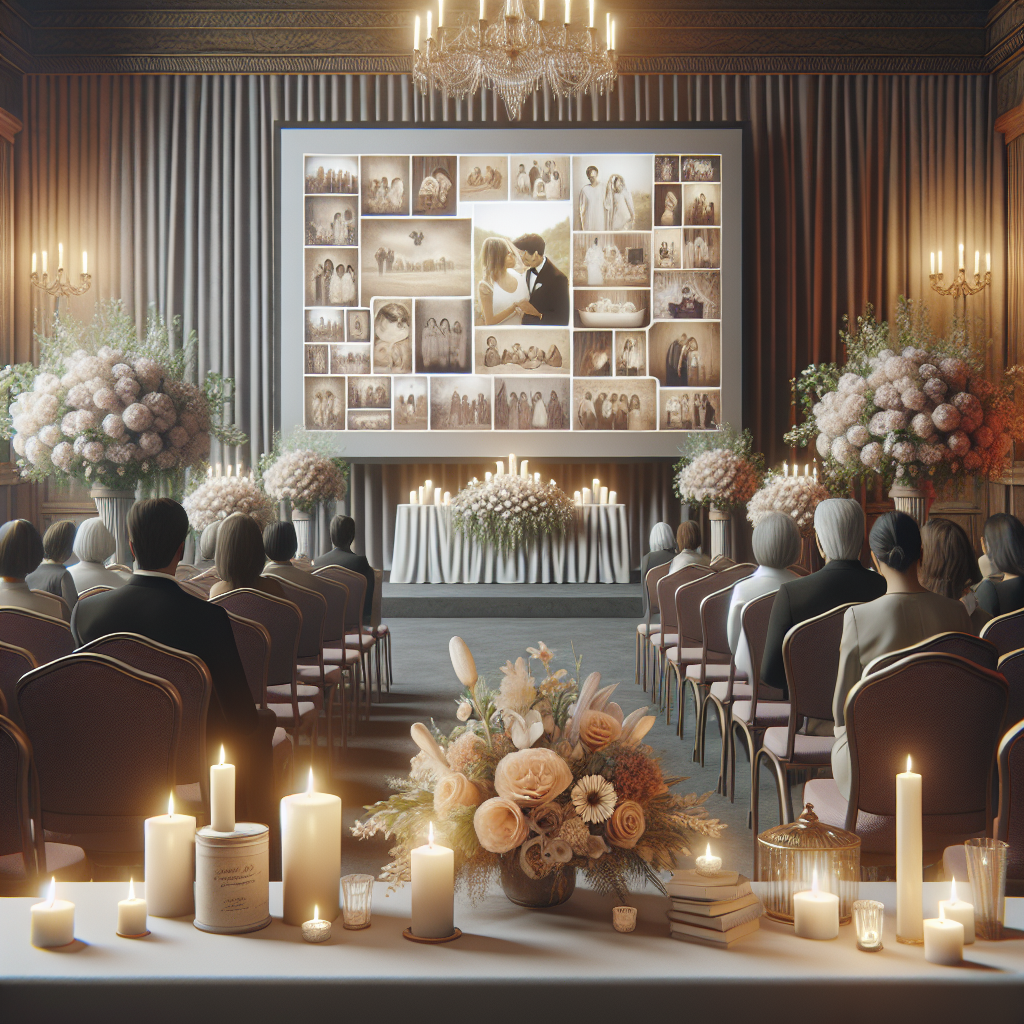 A realistic image of a funeral slideshow setting with a large screen displaying family moments, surrounded by elegant floral arrangements and candles.