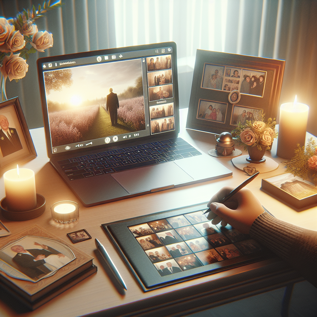 A realistic image of a funeral slideshow being created on a laptop with personal memories displayed on the screen in a warmly lit setting.