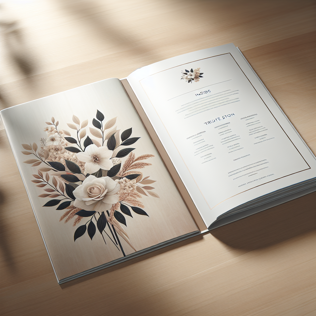 A folded funeral program partially open on a wooden table with an elegant floral motif and tribute sections visible.