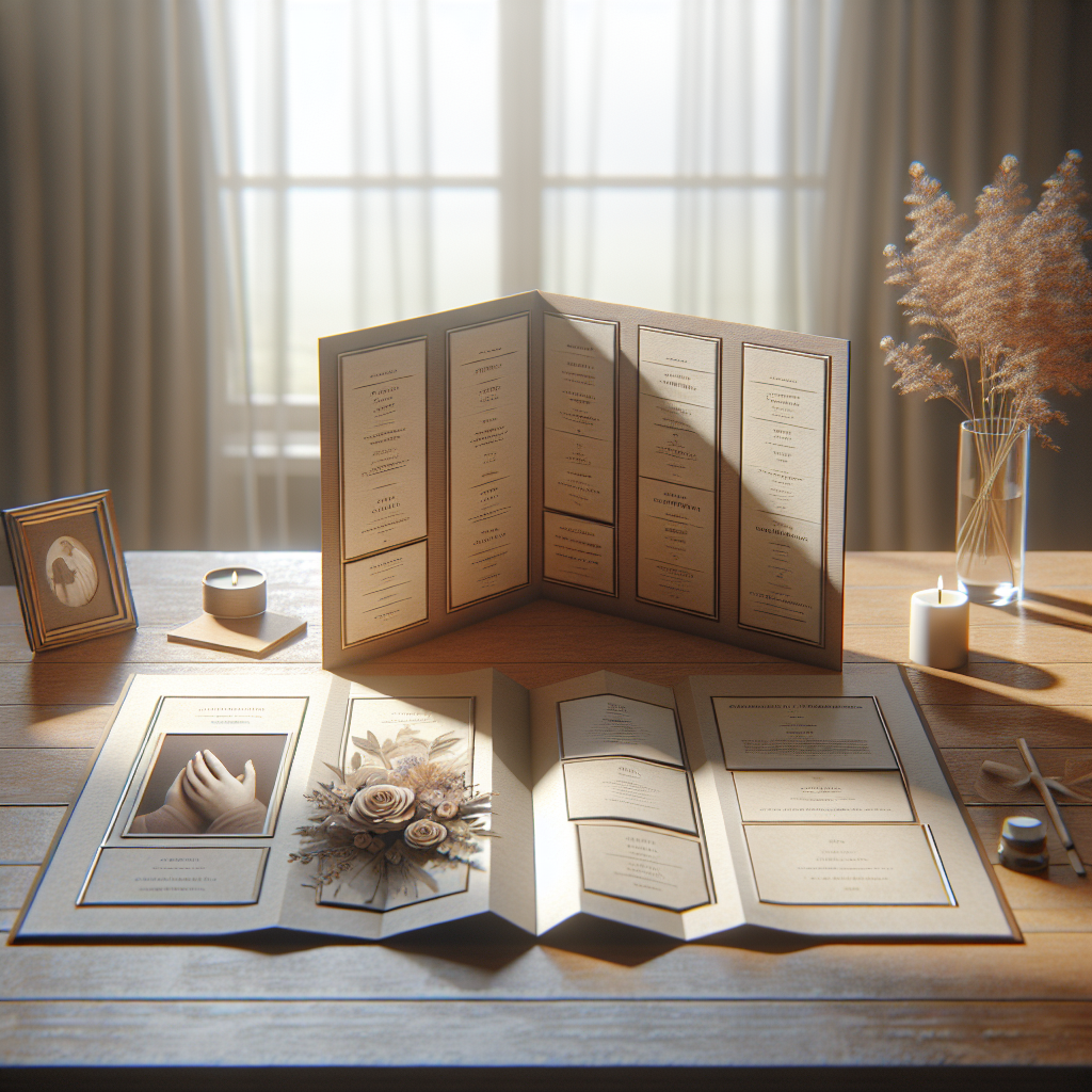 A folded funeral program on a wooden table with natural light, surrounded by flowers and a framed photo, conveying a sense of tribute.